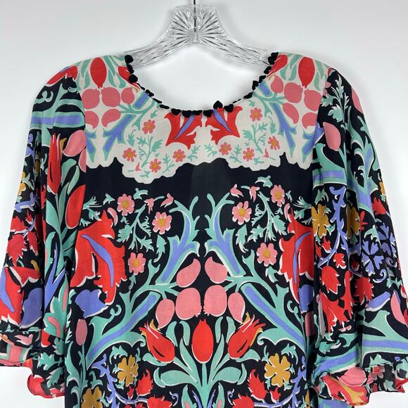 Maeve Folkart Kimono Silk Blouse Keyhole Back Bell Sleeves Sheer Womens Size 0 - Picture 5 of 13